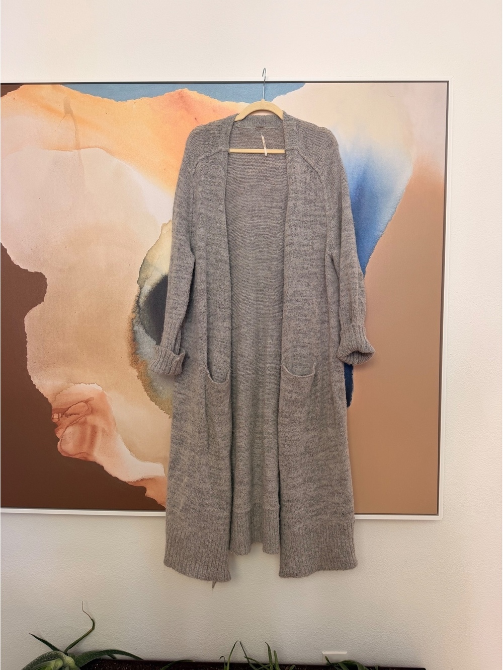 Free People Long Gray Open Front Knit Cardigan Sweater Large